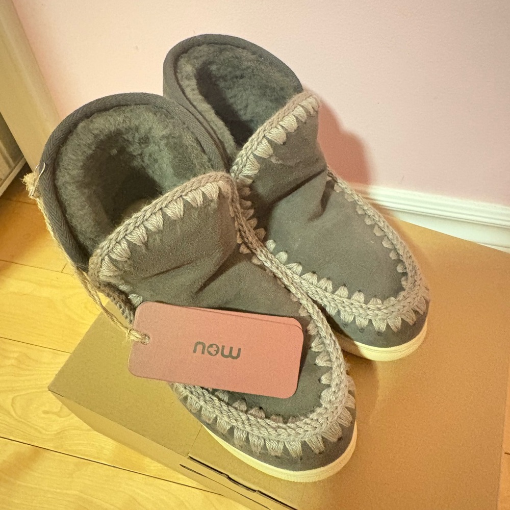 MOU Gray Shearling Lined Moccasin Slippers